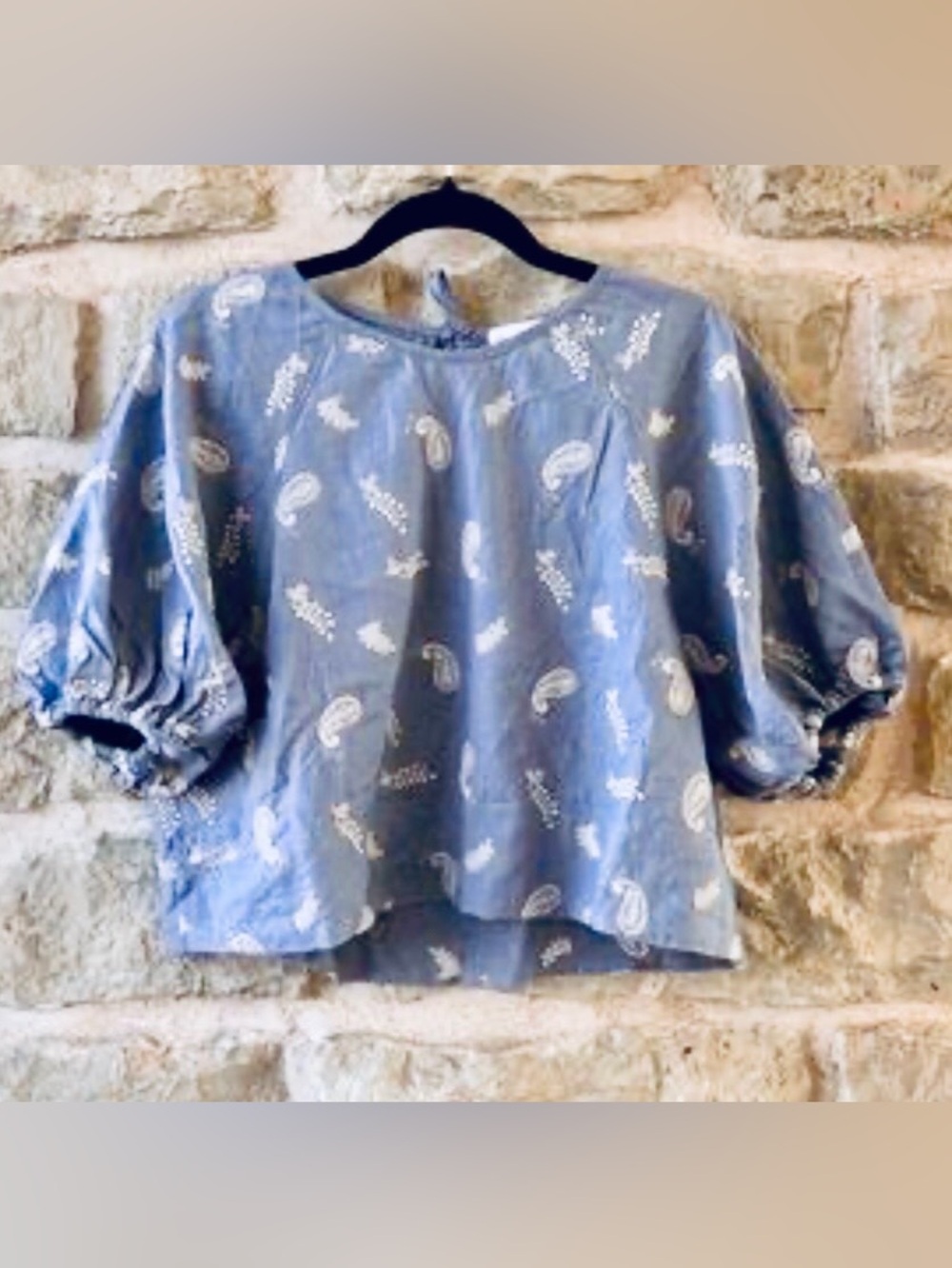 HOUSE OF HARLOW 1960 Blue Embroidered Linen Blouse